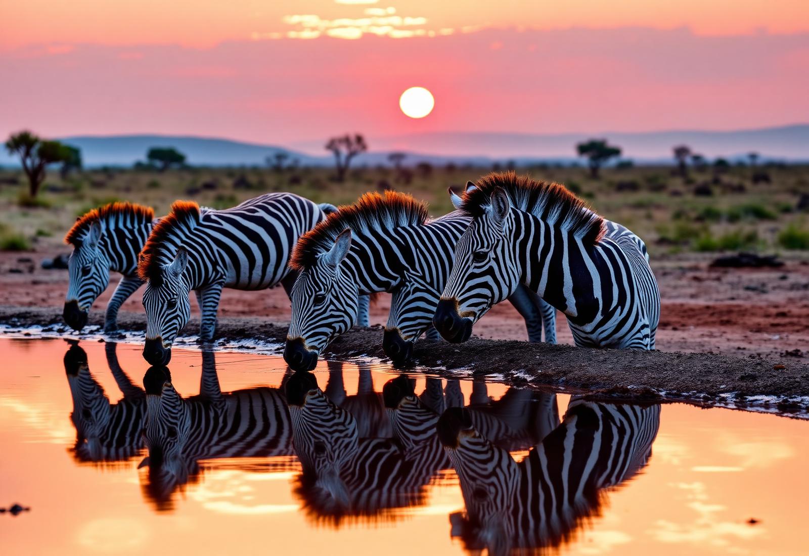 African wildlife safari - Zebras at watering hole Zebras drinking at natural watering hole in African savanna - Kenya wildlife safari experience