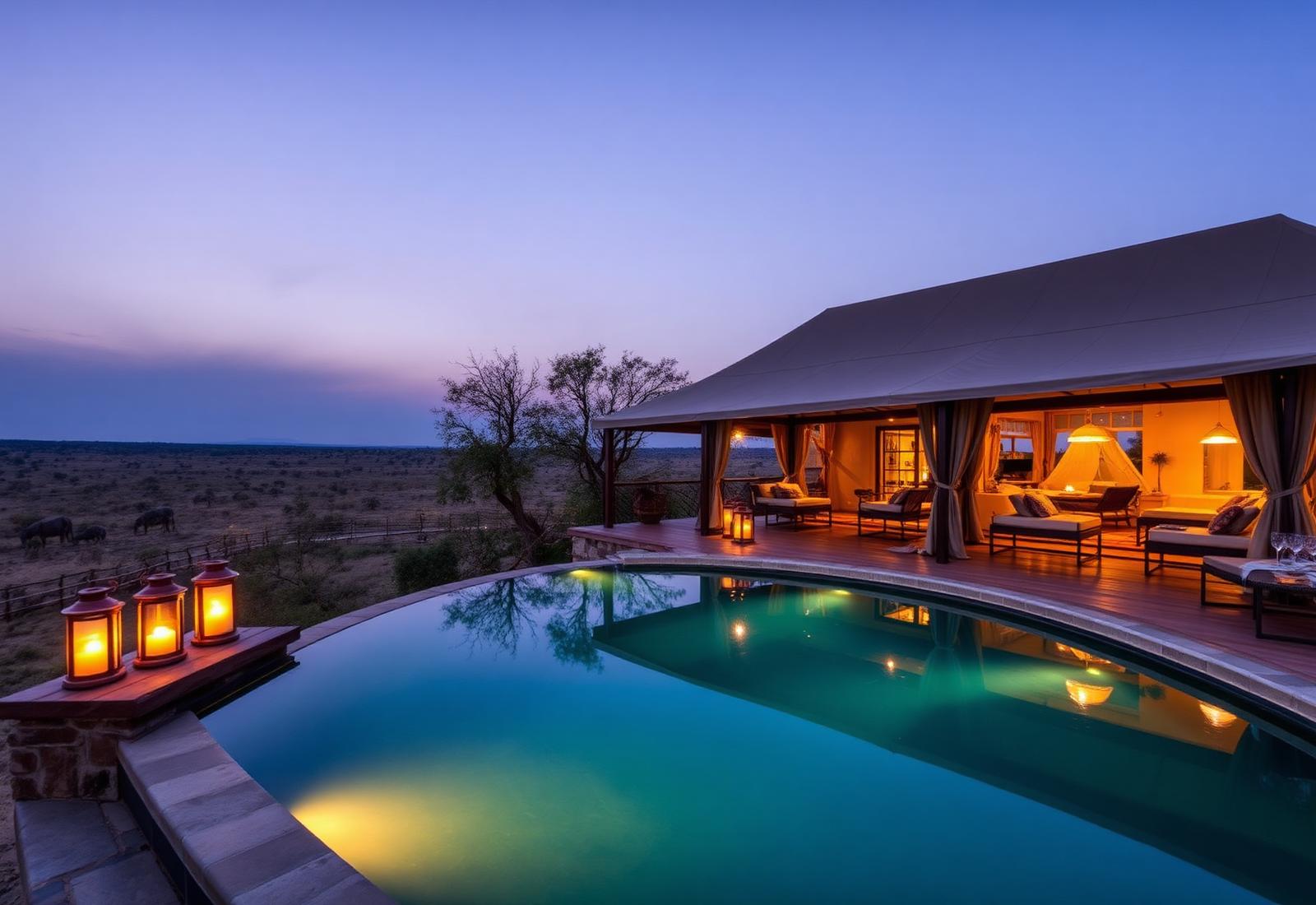 Luxury safari lodge accommodation - African Wildlife Trails Luxury African safari lodge at sunset with panoramic views - East Africa accommodation